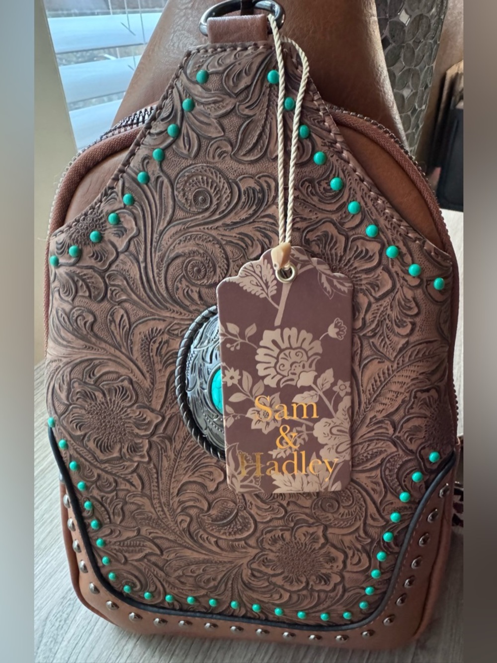 Sam & Hadley Brown Tooled Leather Crossbody Sling Bag with Turquoise Accents - Picture 2 of 12